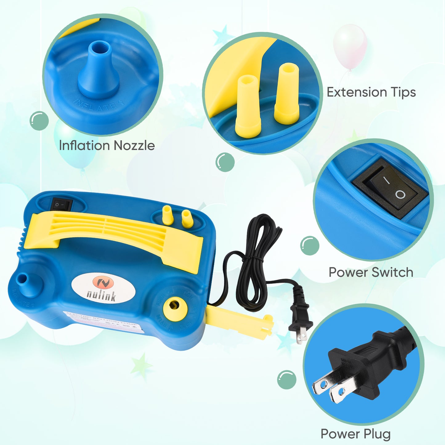 NuLink Electric Portable Dual Nozzle Balloon Blower Pump Inflation for Decoration, Party, Sport [110V~120V, 600W, Blue]