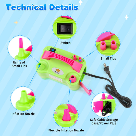 NuLink Electric Portable Dual Nozzle Balloon Blower Pump Inflation for Decoration, Party, Sport [110V~120V, 600W, Green]