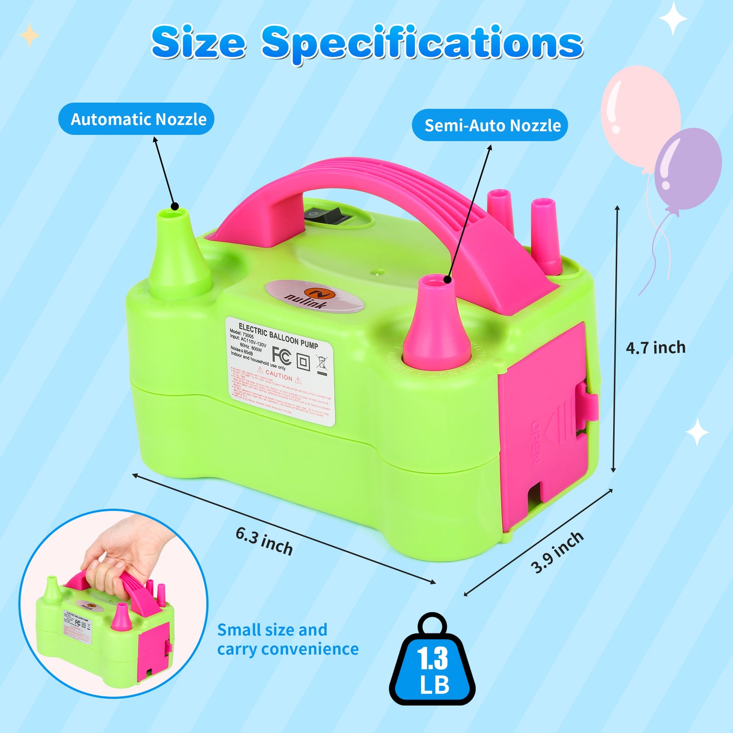NuLink Electric Portable Dual Nozzle Balloon Blower Pump Inflation for Decoration, Party, Sport [110V~120V, 600W, Green]