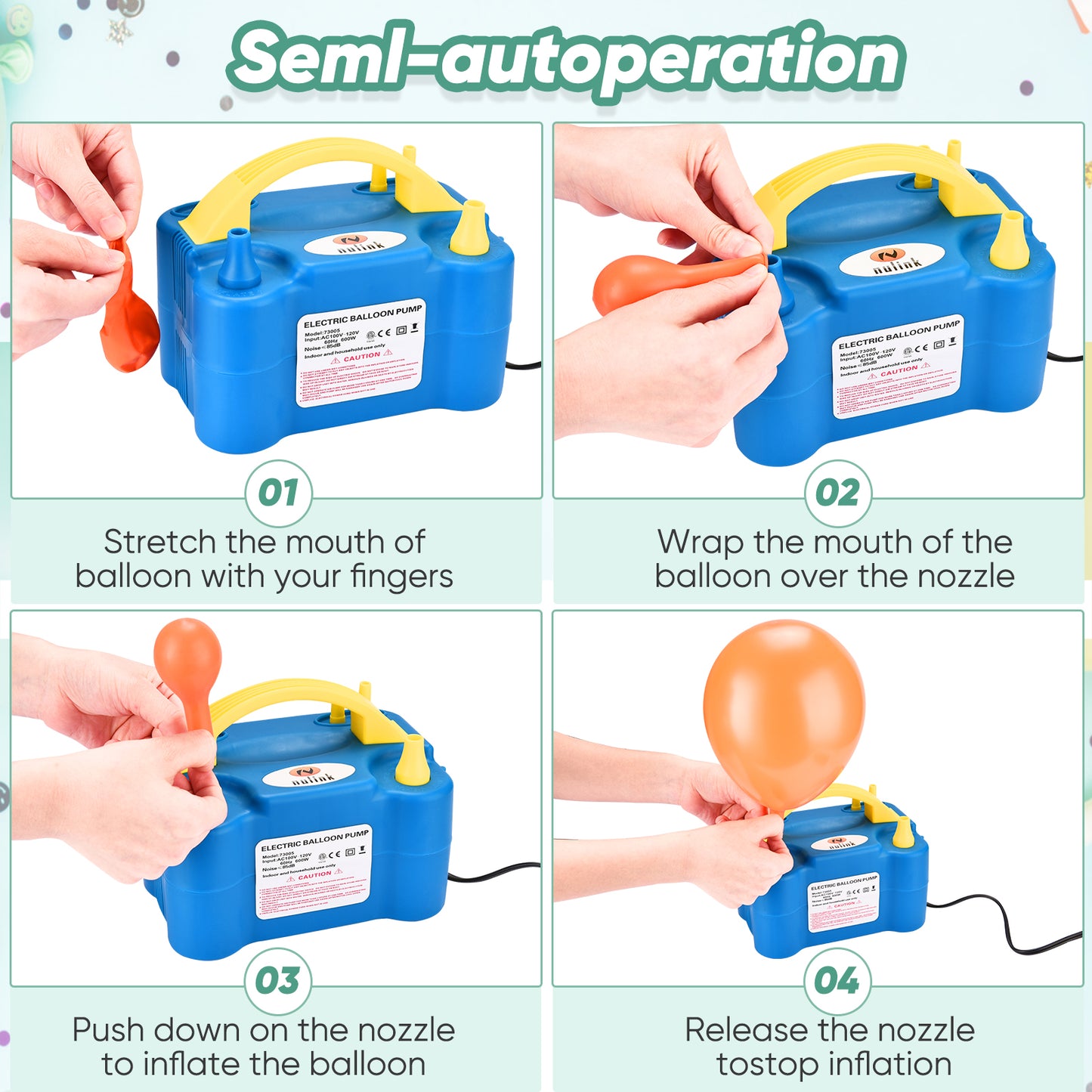 NuLink Electric Portable Dual Nozzle Balloon Blower Pump Inflation for Decoration, Party, Sport [110V~120V, 600W, Blue]