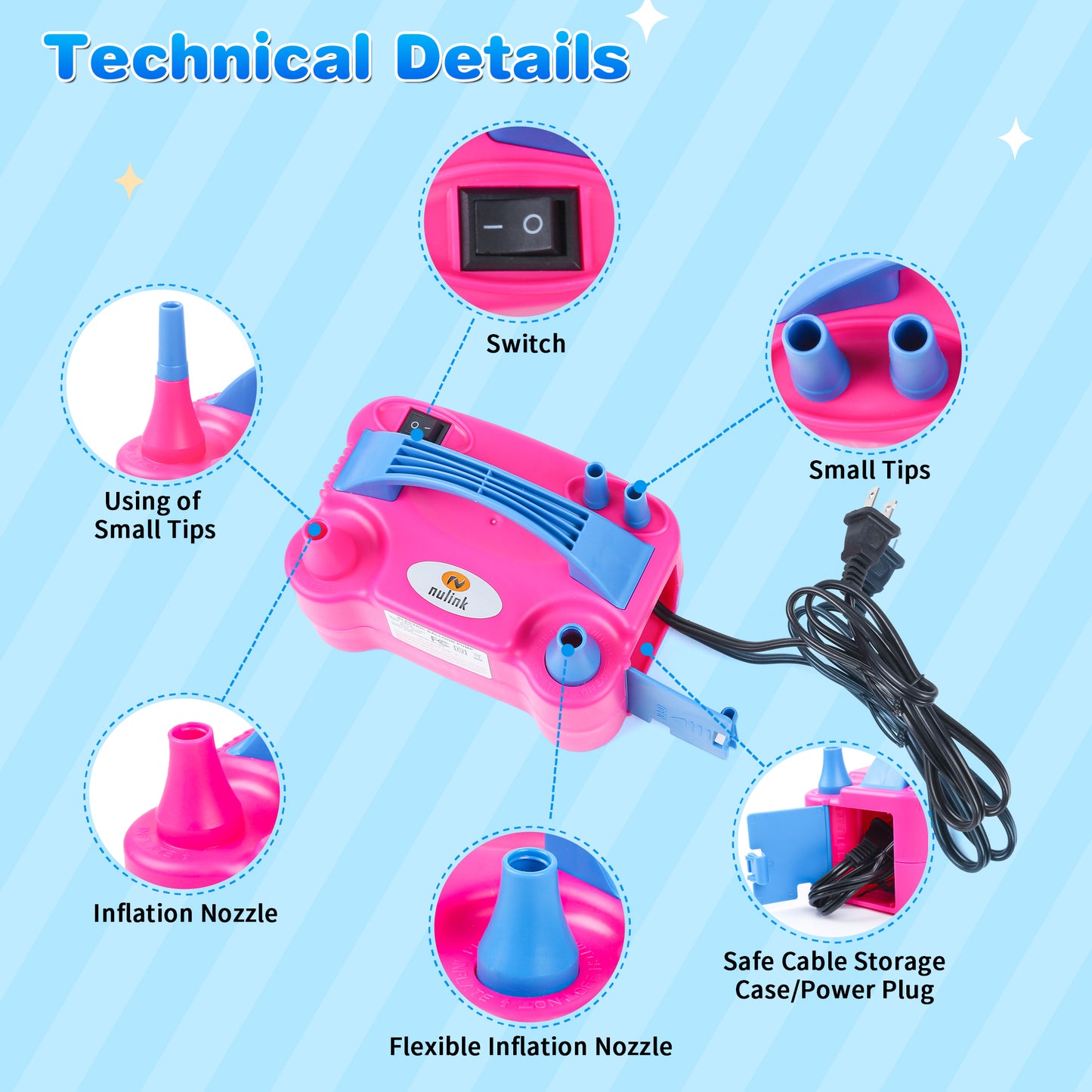 NuLink Electric Portable Dual Nozzle Balloon Blower Pump Inflation for Decoration, Party, Sport [110V~120V, 600W, Rose Red]