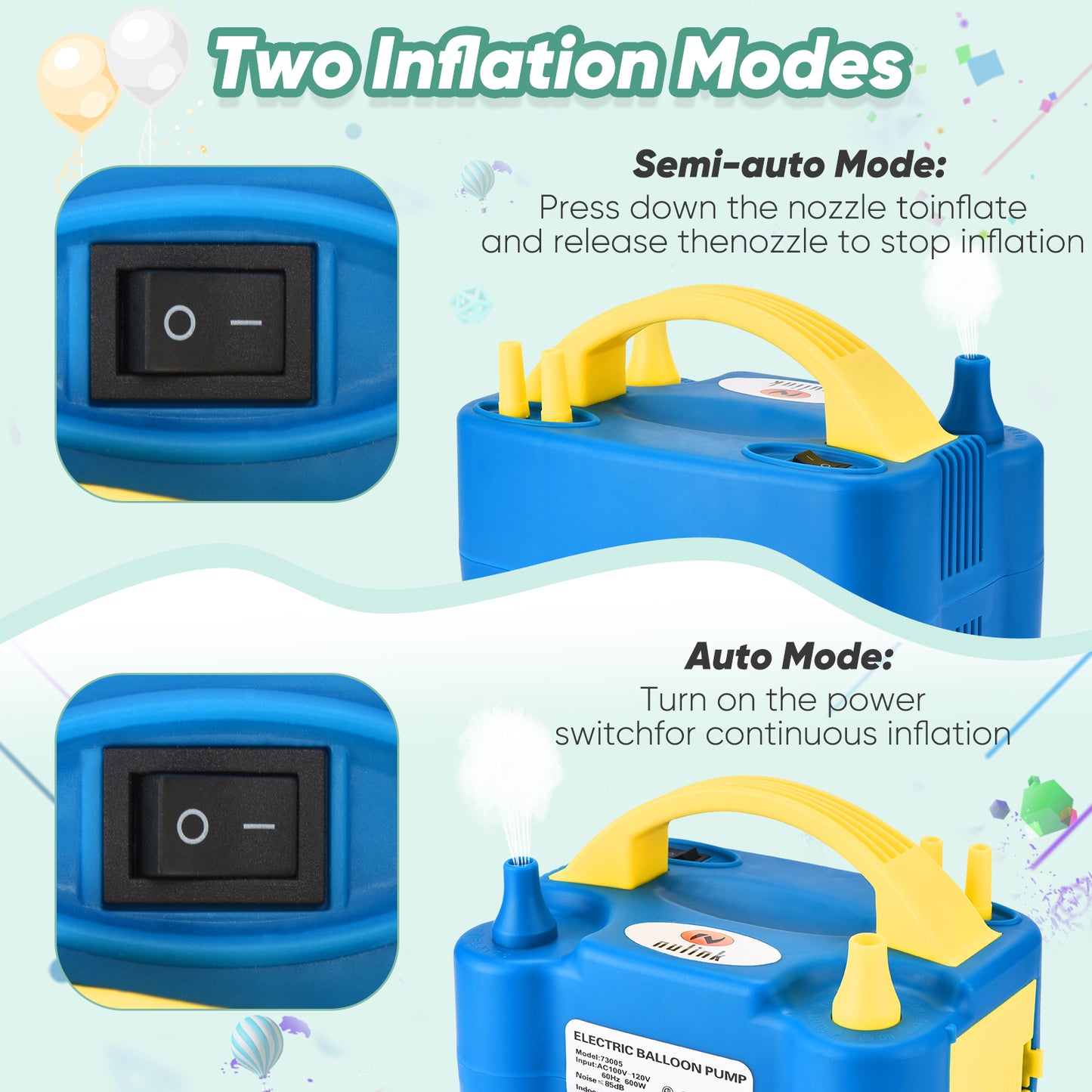 NuLink Electric Portable Dual Nozzle Balloon Blower Pump Inflation for Decoration, Party, Sport [110V~120V, 600W, Blue]
